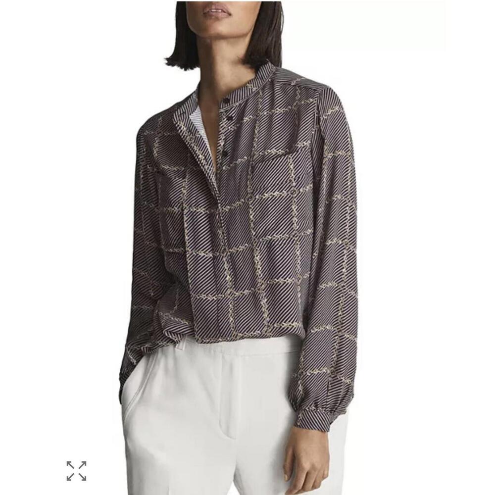 Reiss shirt top womens 4 brown nyla chain print button up equestrian horse fall